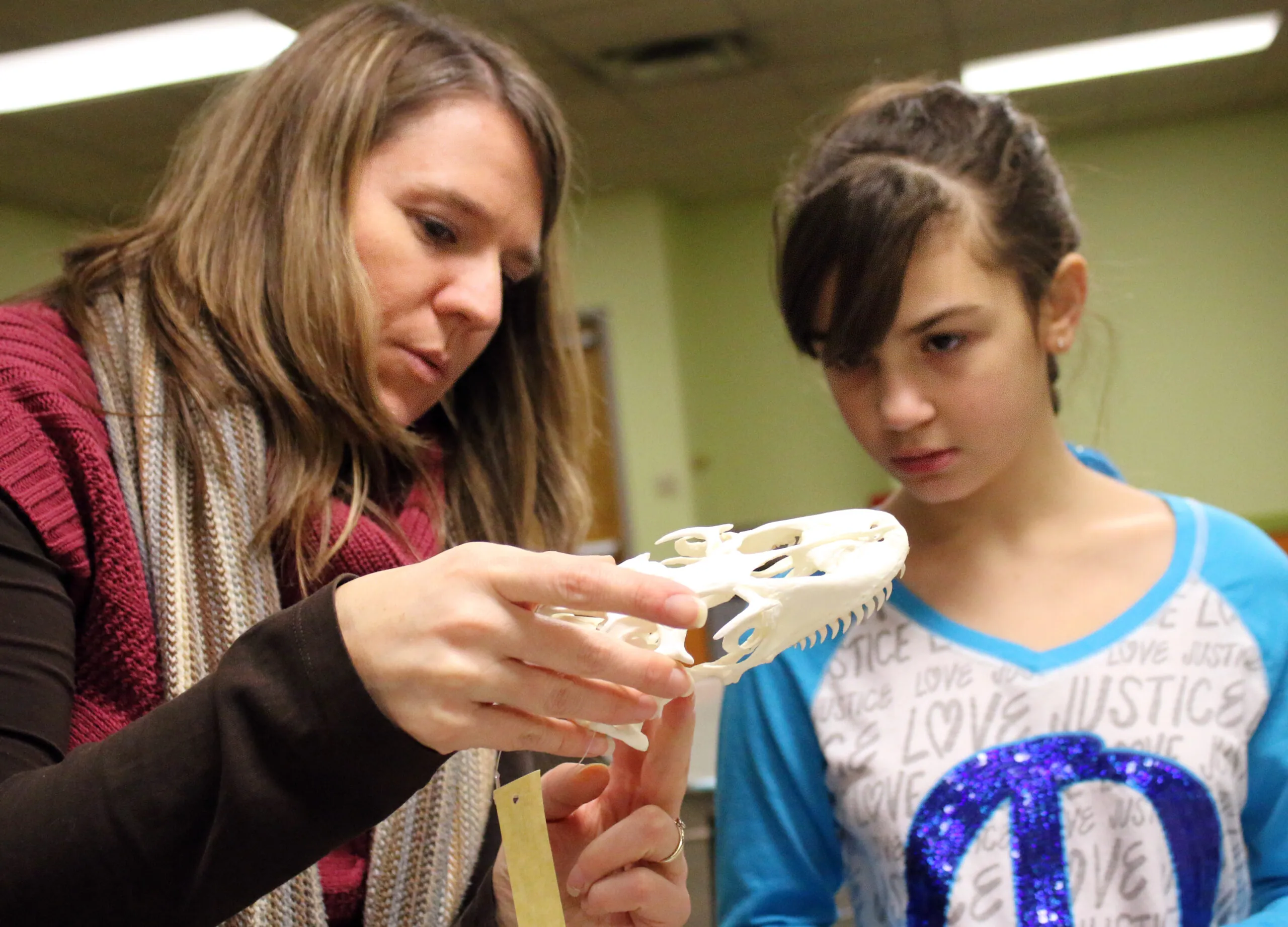 woman and girl looking at animal skull