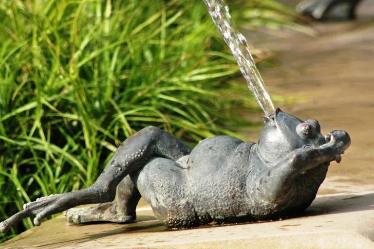 Frog sculpture spitting water out of its mouth at white river gardens