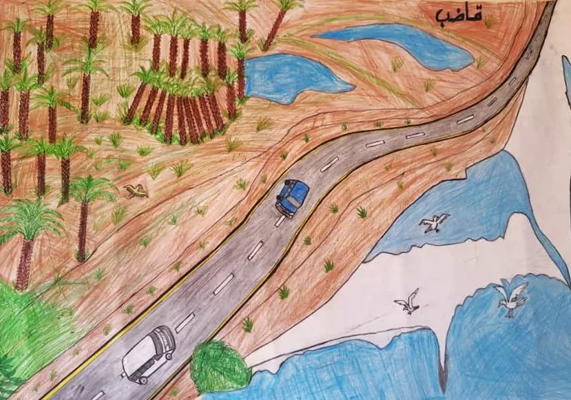 pencil drawing of cars on highway next to forest