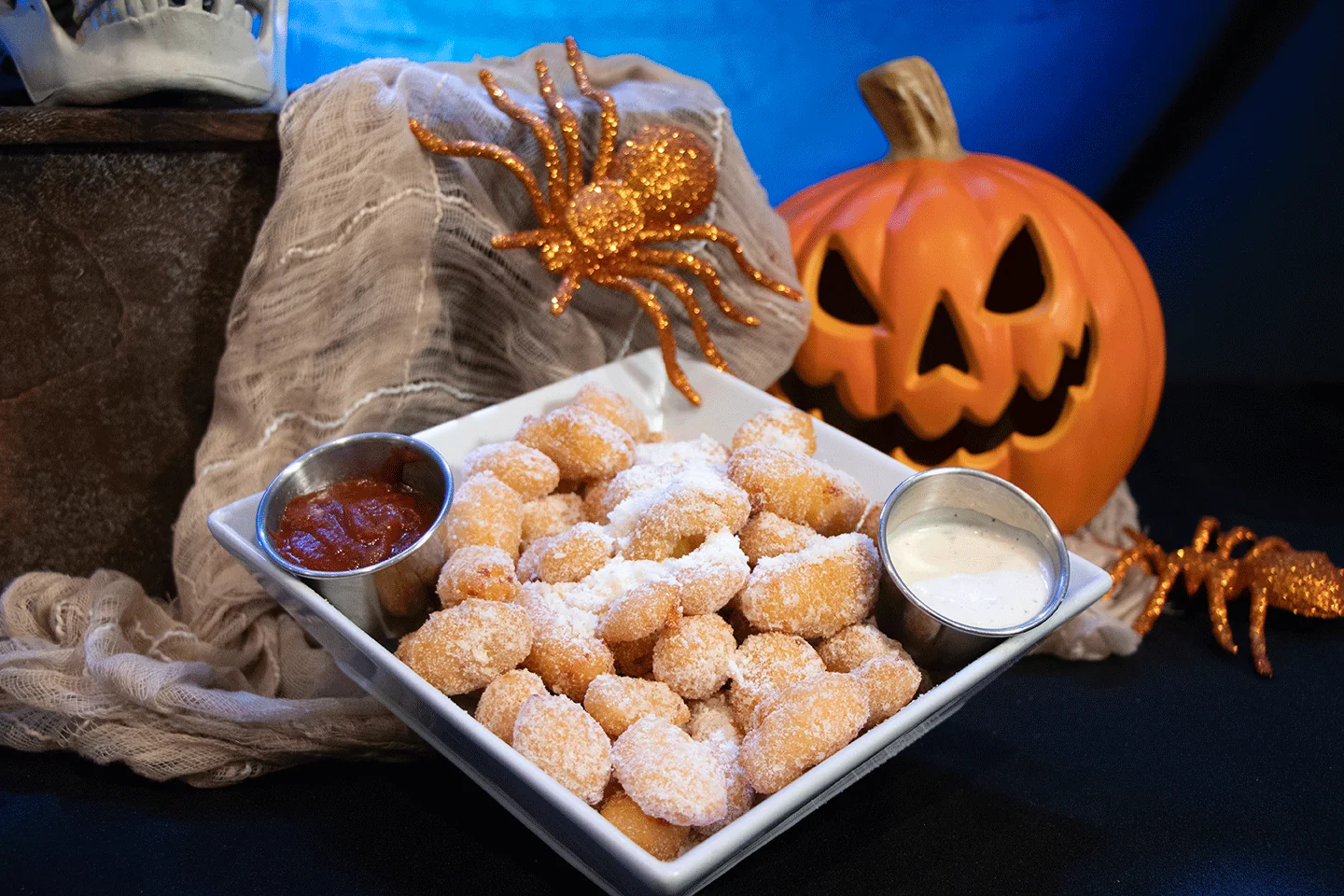 cheese curds in dish with halloween decor