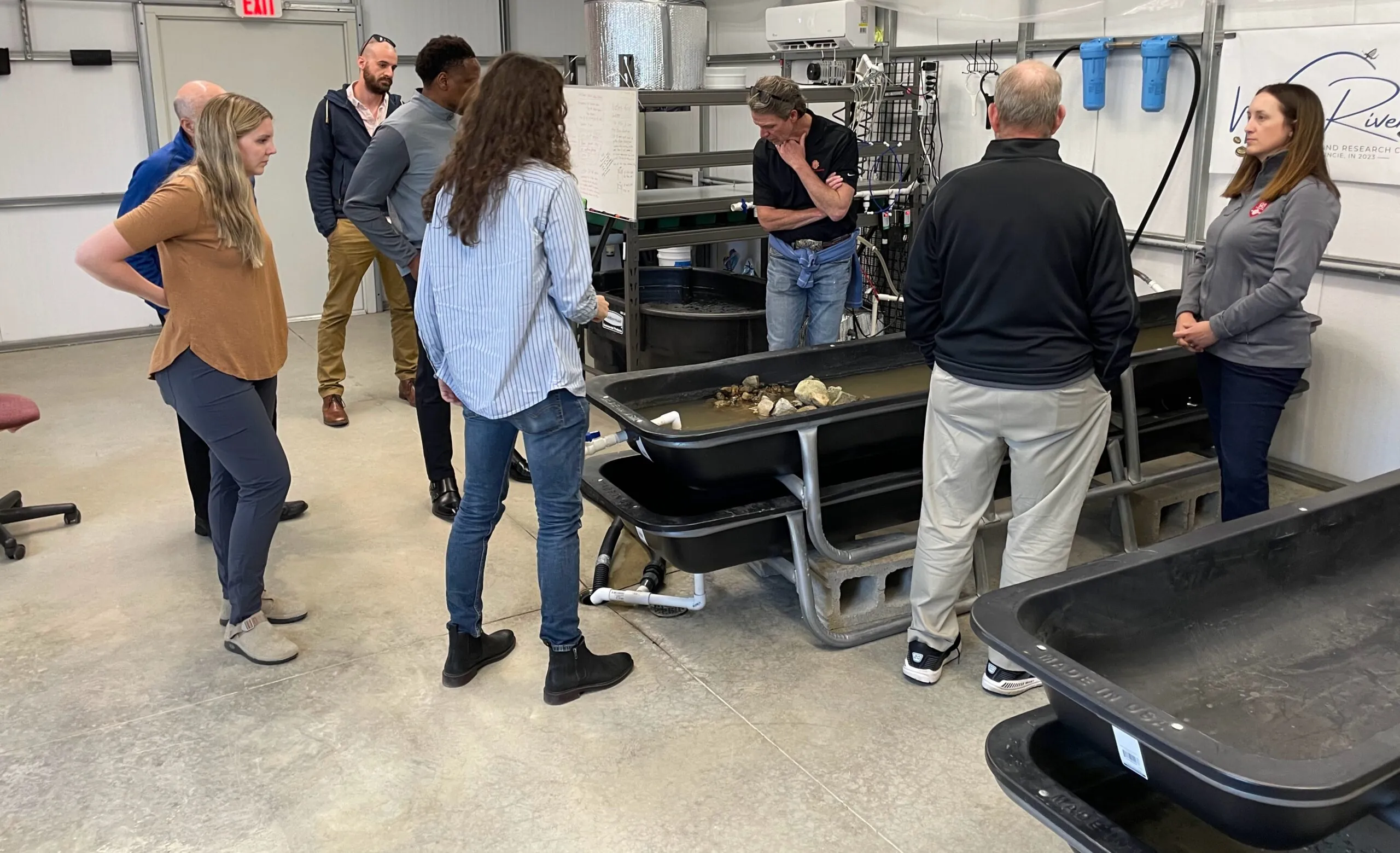 conservationists observing a tray with freshwater mussels